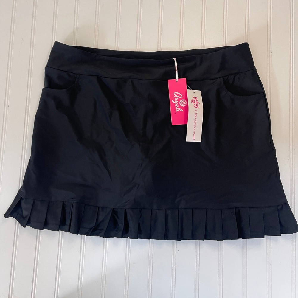 NWT Aryeh Womens Black Pleated Ruffle Tennis Skort UPF 50+ Sun Protection XL